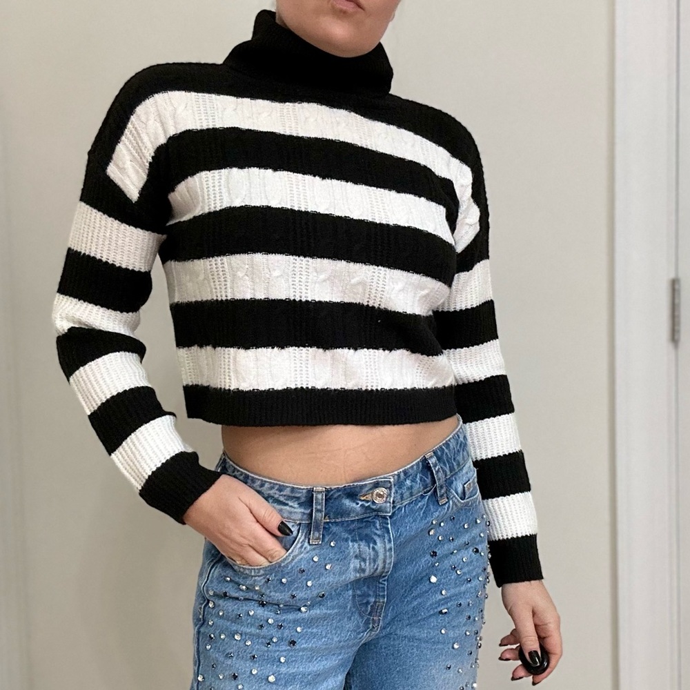 Turtle Neck Cable Knit Cropped Stripe Sweater